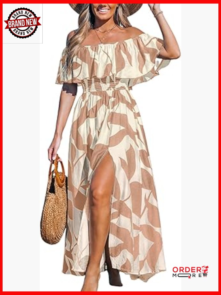 Off Shoulder Maxi Dress With Ruffle Hem Backless Side Slit Summer Casual